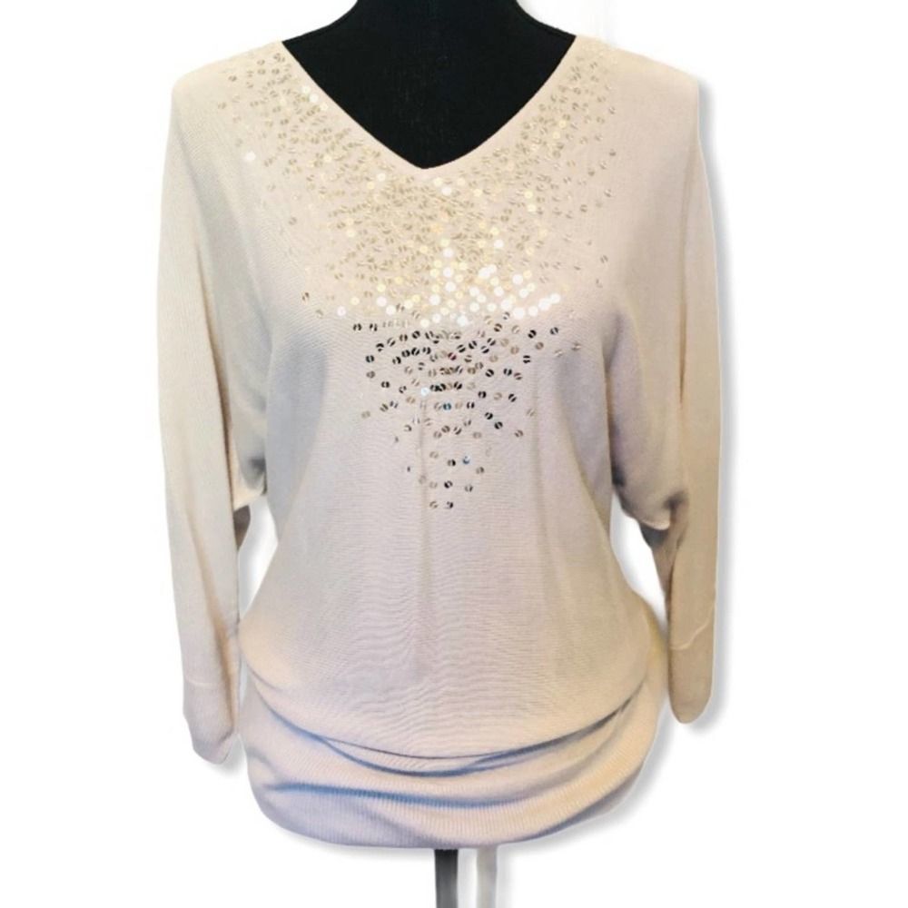 Liz Claiborne Sequined V-neck Sweater Silver size Small